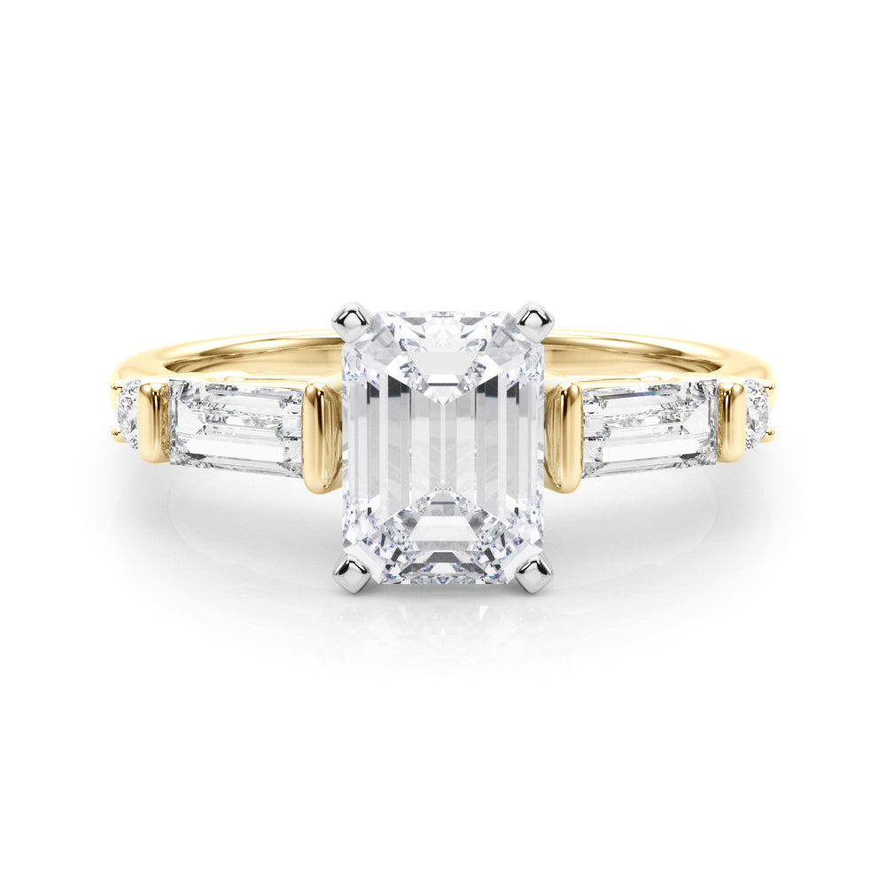 Yellow gold Emerald Cut Diamond Ring with Baguette Side Stones, Channel Set Band, and Four-Prong Setting