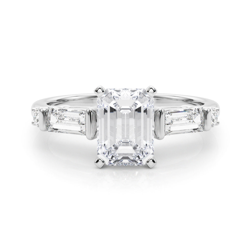 White gold Radiant Cut Diamond Ring with Baguette Side Stones, Channel Set Band, and Four-Prong Setting