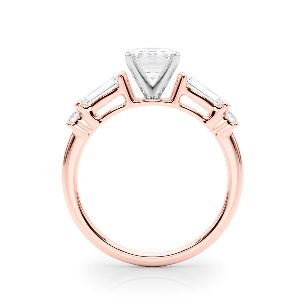 Rose gold Emerald Cut Diamond Ring with Baguette Side Stones, Channel Set Band, and Four-Prong Setting