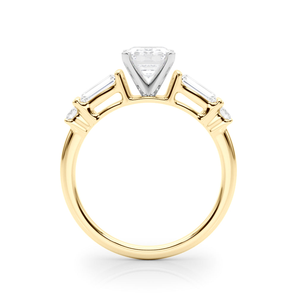 Yellow gold Emerald Cut Diamond Ring with Baguette Side Stones, Channel Set Band, and Four-Prong Setting