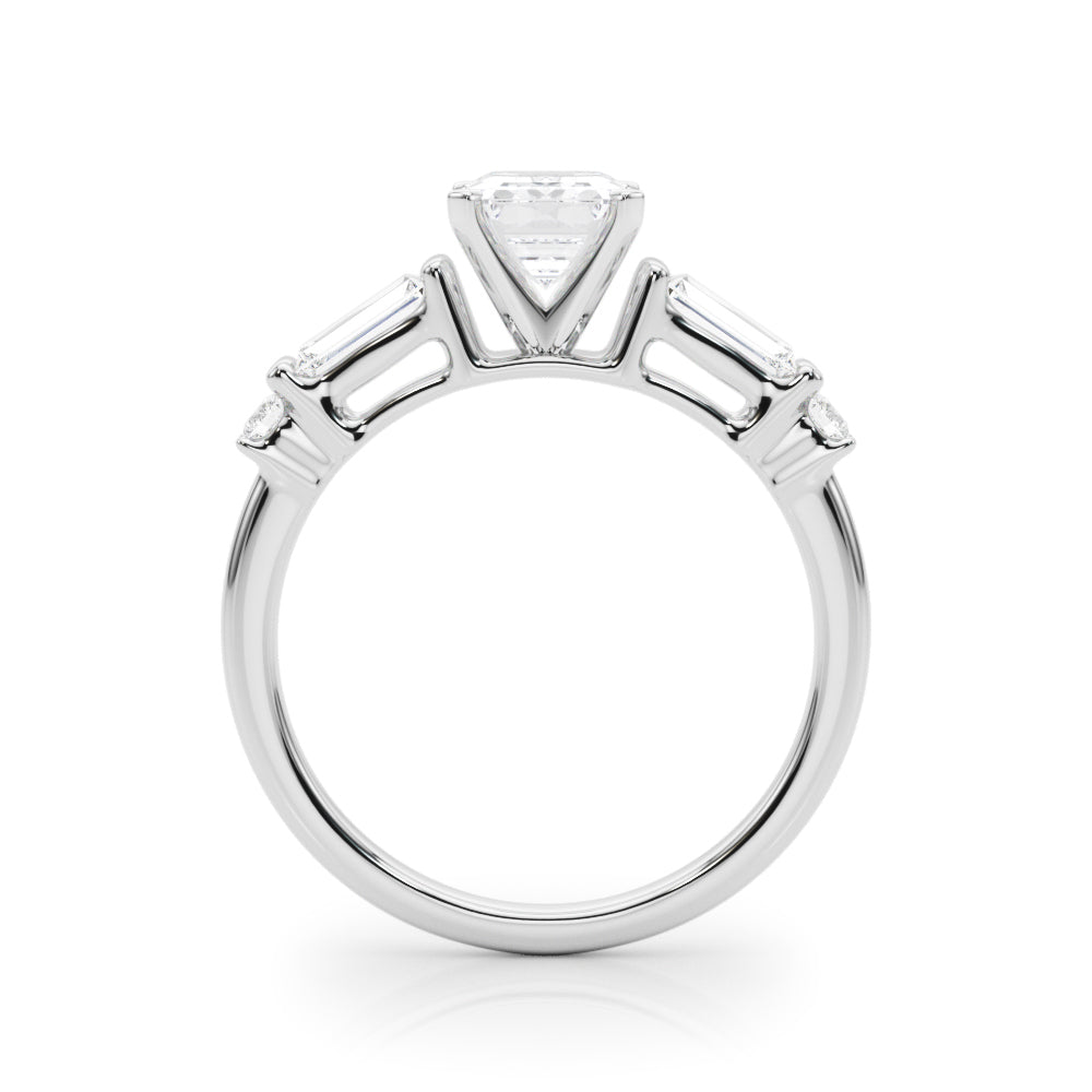 Platinum Radiant Cut Diamond Ring with Baguette Side Stones, Channel Set Band, and Four-Prong Setting