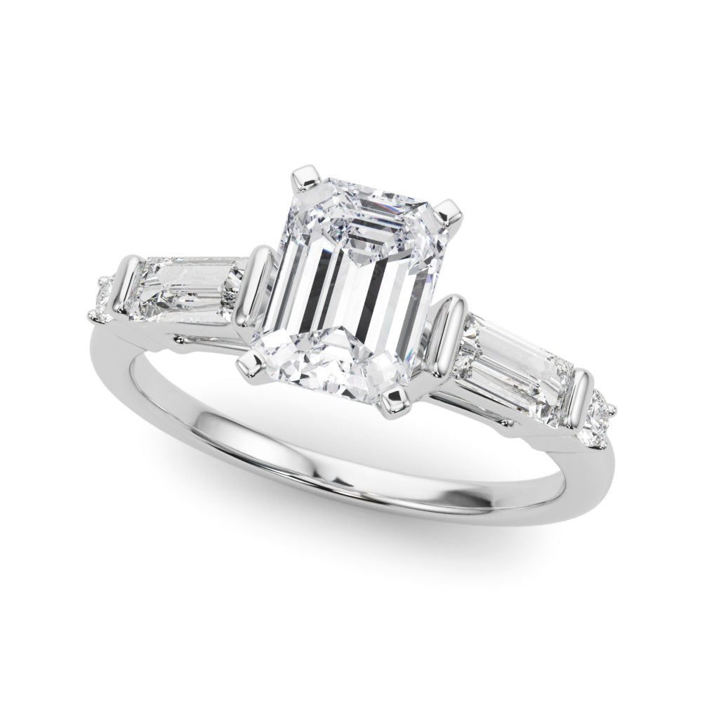 Silver Radiant Cut Diamond Ring with Baguette Side Stones, Channel Set Band, and Four-Prong Setting