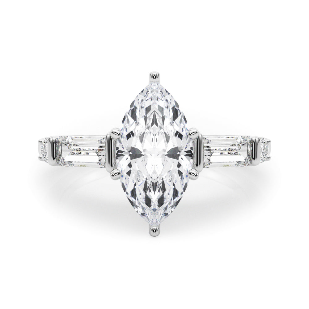 Platinum Marquise Cut Diamond Ring with Baguette Side Stones, Channel Set Band, and Four-Prong Setting