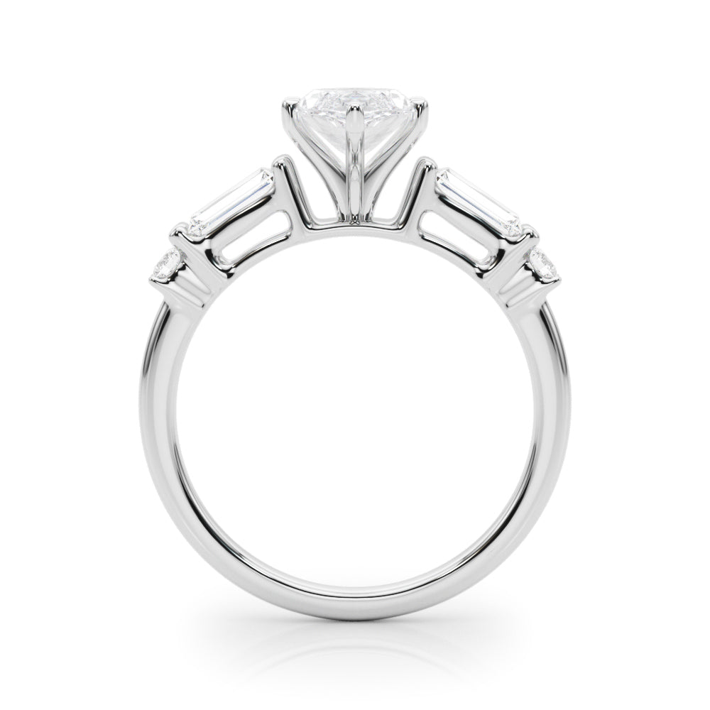 Platinum Marquise Cut Diamond Ring with Baguette Side Stones, Channel Set Band, and Four-Prong Setting