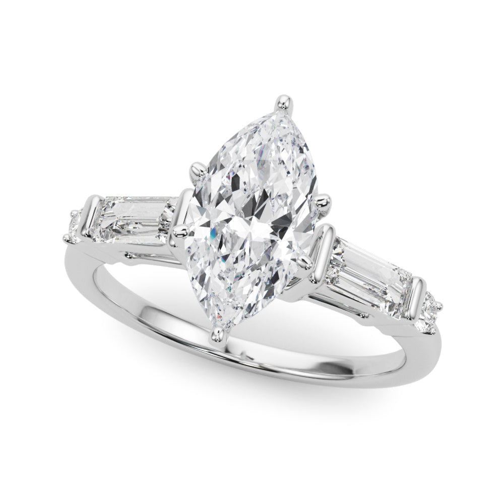 White gold Marquise Cut Diamond Ring with Baguette Side Stones, Channel Set Band, and Four-Prong Setting