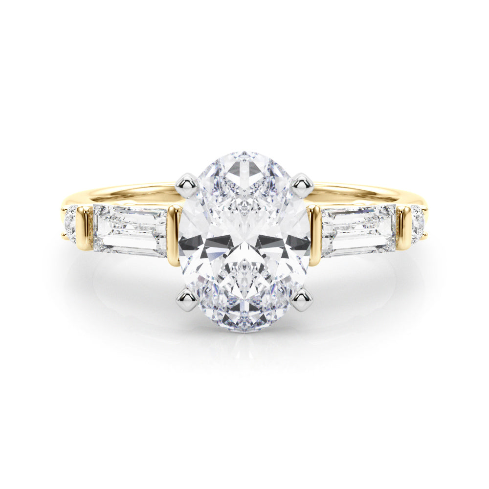 Yellow gold Oval Cut Diamond Ring with Baguette Side Stones, Channel Set Band, and Four-Prong Setting