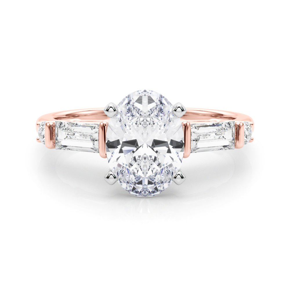 Rose gold Oval Cut Diamond Ring with Baguette Side Stones, Channel Set Band, and Four-Prong Setting