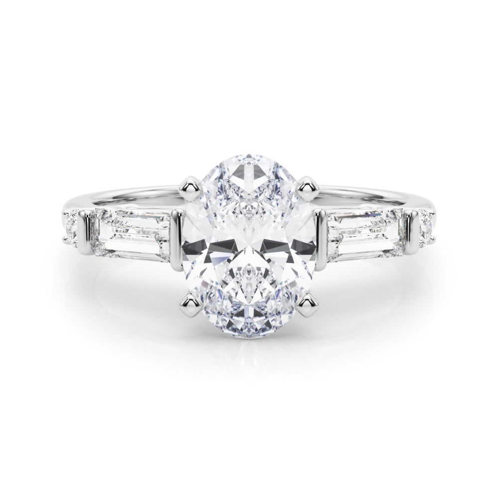White gold Oval Cut Diamond Ring with Baguette Side Stones, Channel Set Band, and Four-Prong Setting