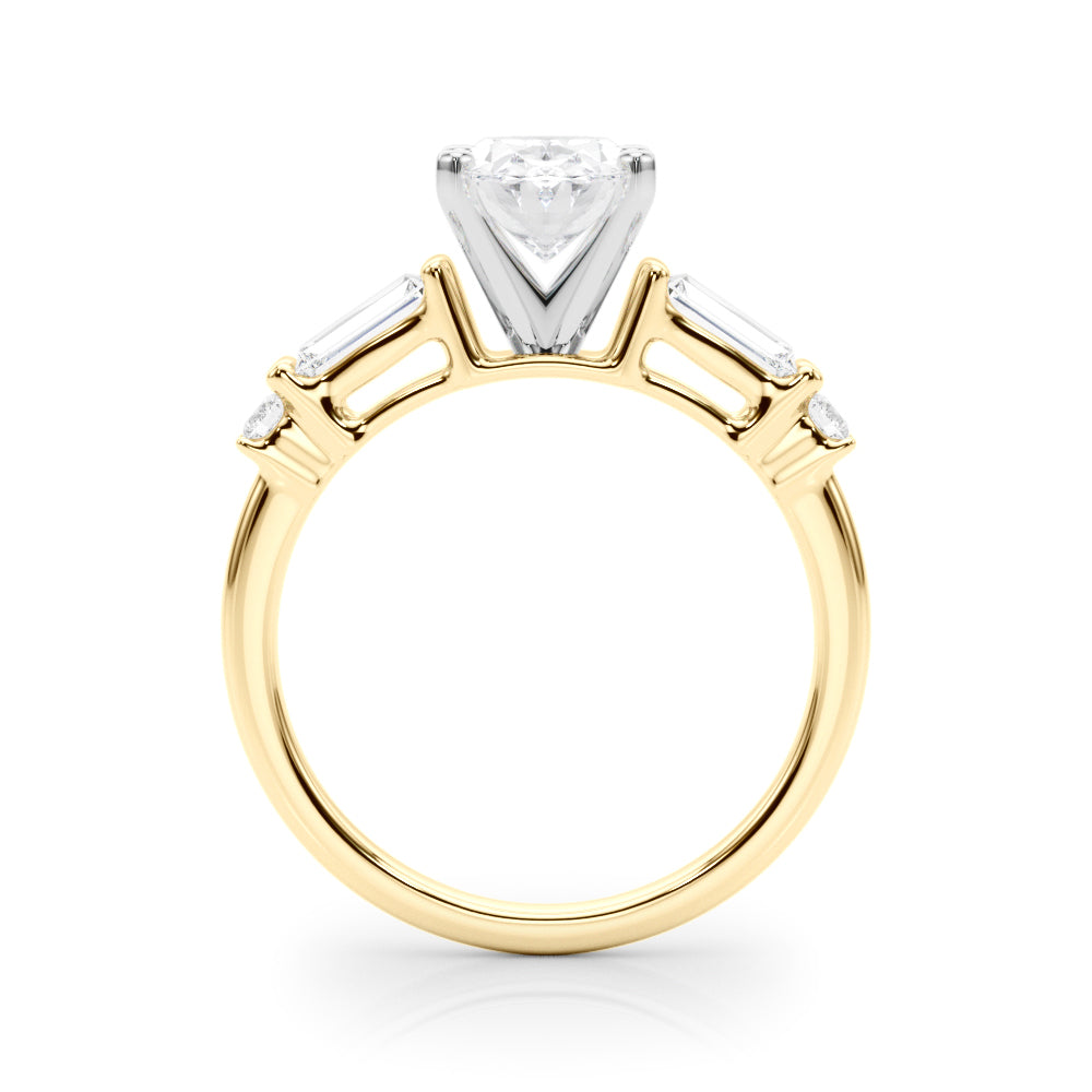Yellow gold Oval Cut Diamond Ring with Baguette Side Stones, Channel Set Band, and Four-Prong Setting