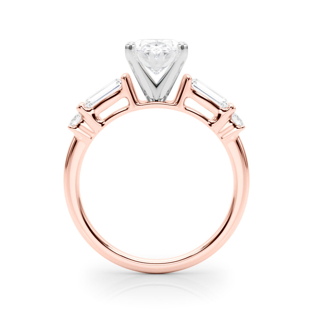 Rose gold Oval Cut Diamond Ring with Baguette Side Stones, Channel Set Band, and Four-Prong Setting