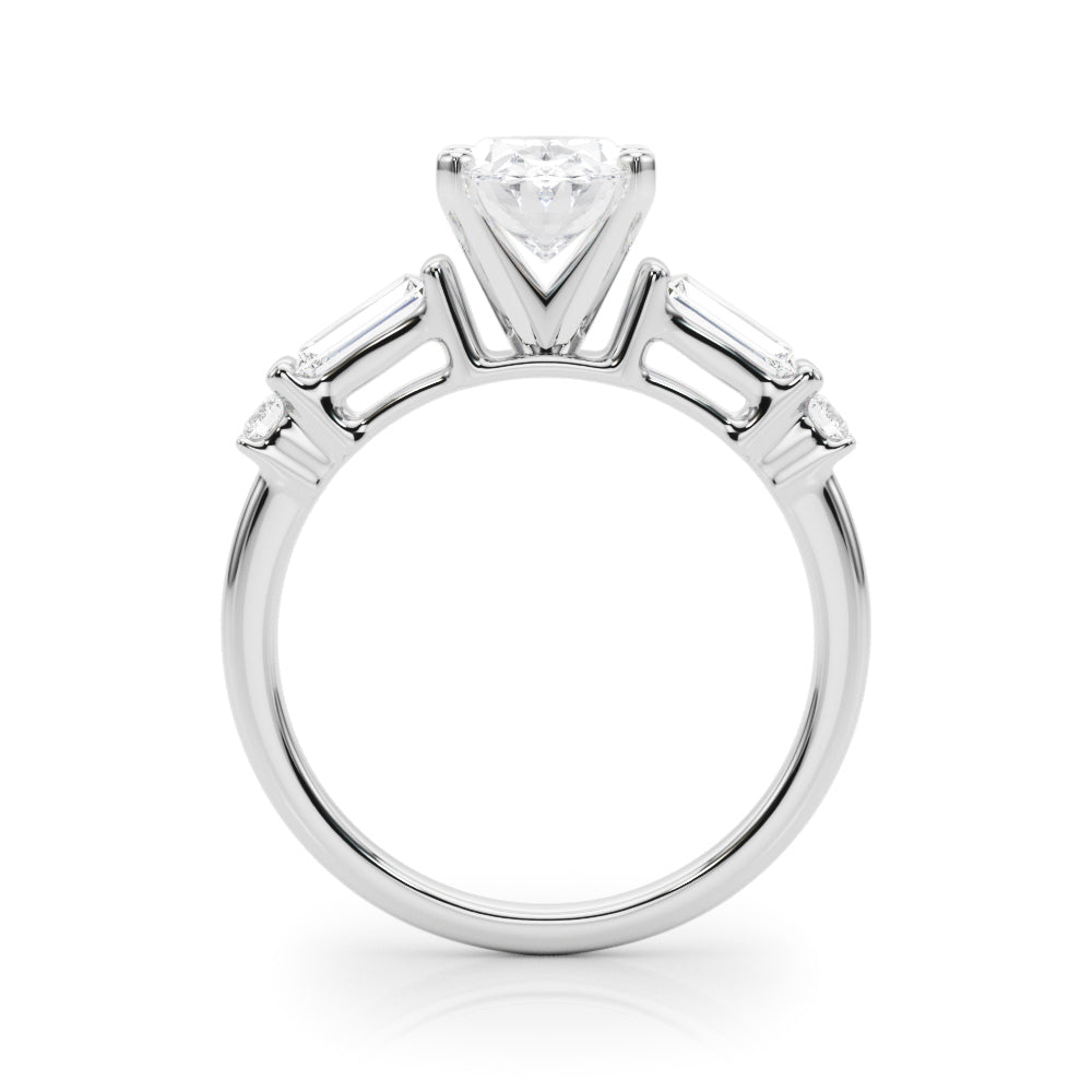 Platinum Oval Cut Diamond Ring with Baguette Side Stones, Channel Set Band, and Four-Prong Setting