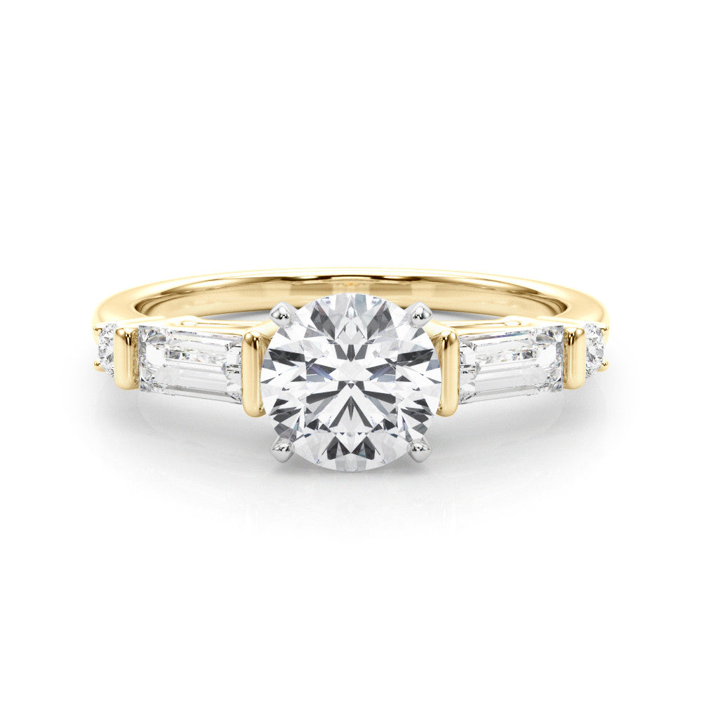 Yellow gold Round Cut Diamond Ring with Baguette Side Stones, Channel Set Band, and Four-Prong Setting