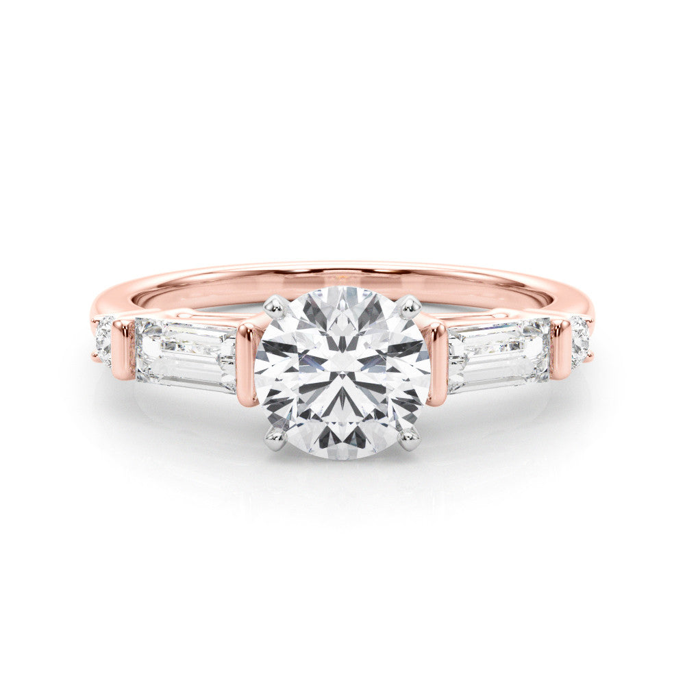 Rose gold Round Cut Diamond Ring with Baguette Side Stones, Channel Set Band, and Four-Prong Setting