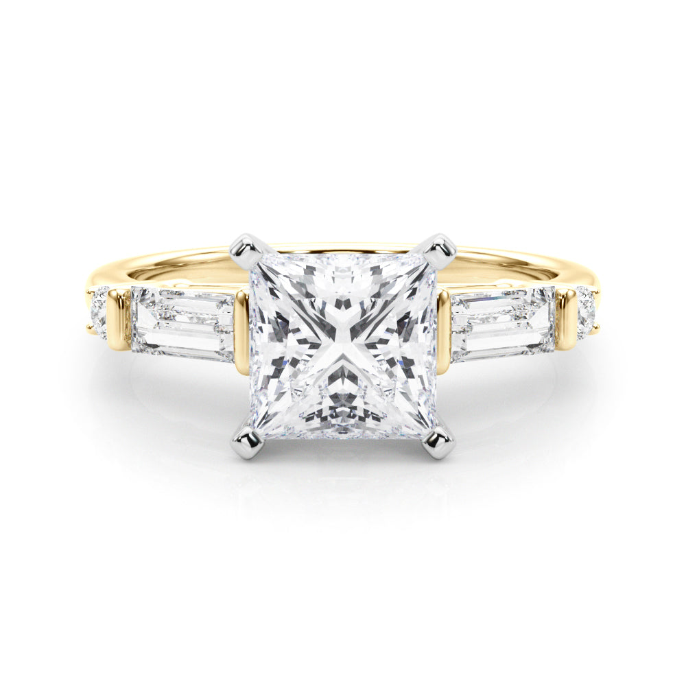 Yellow gold Princess Cut Diamond Ring with Baguette Side Stones, Channel Set Band, and Four-Prong Setting