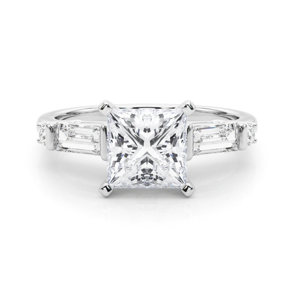 Platinum Princess Cut Diamond Ring with Baguette Side Stones, Channel Set Band, and Four-Prong Setting