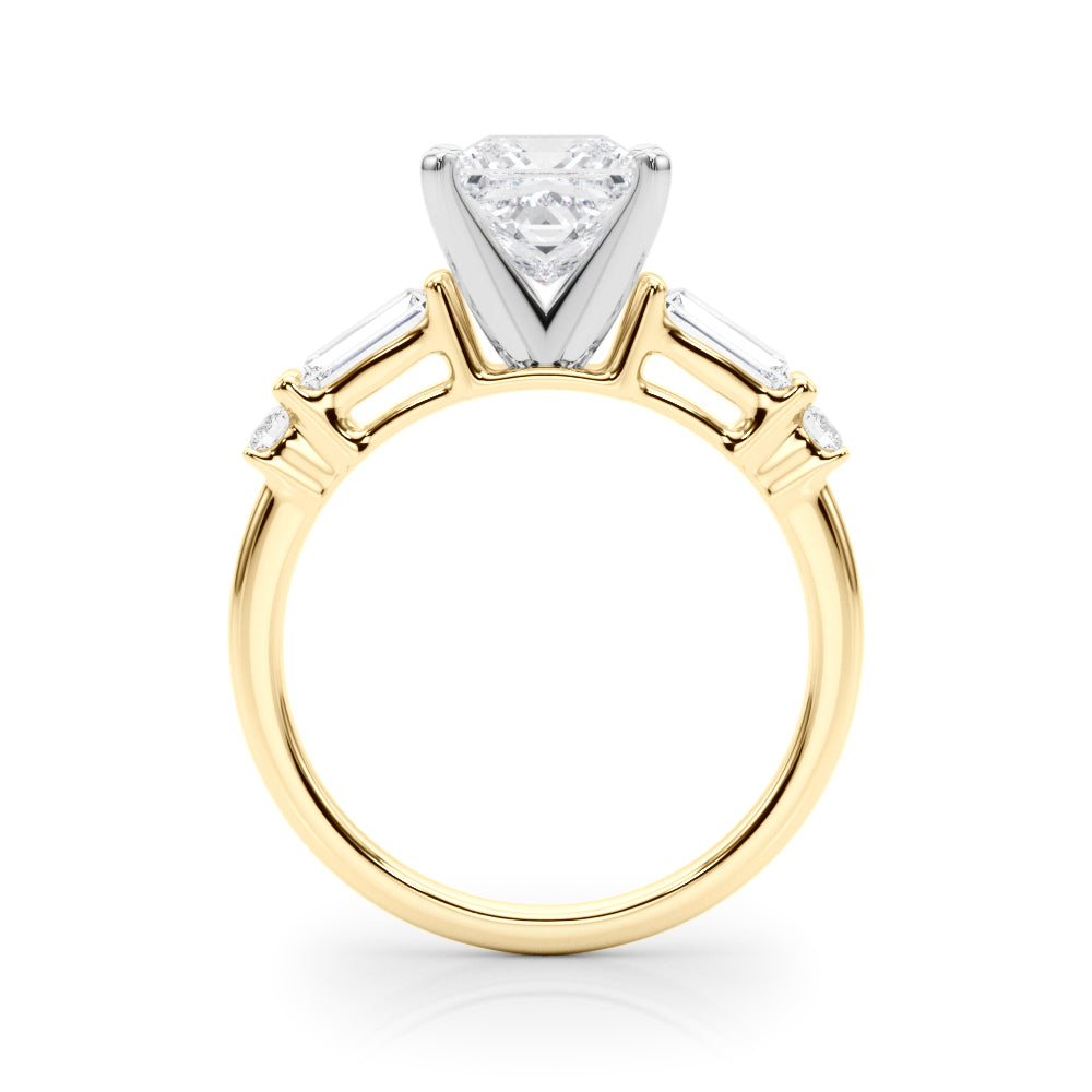 Yellow gold Princess Cut Diamond Ring with Baguette Side Stones, Channel Set Band, and Four-Prong Setting