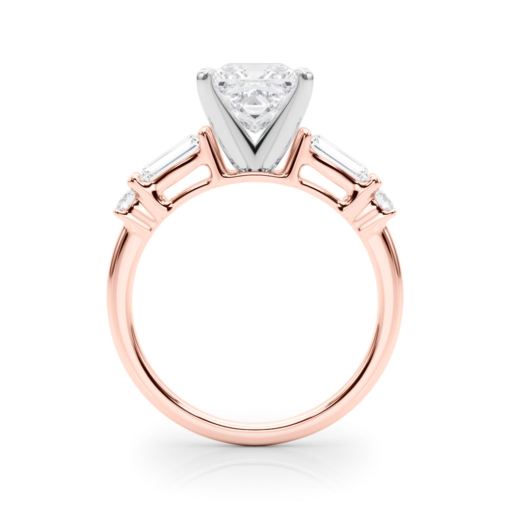 Rose gold Princess Cut Diamond Ring with Baguette Side Stones, Channel Set Band, and Four-Prong Setting