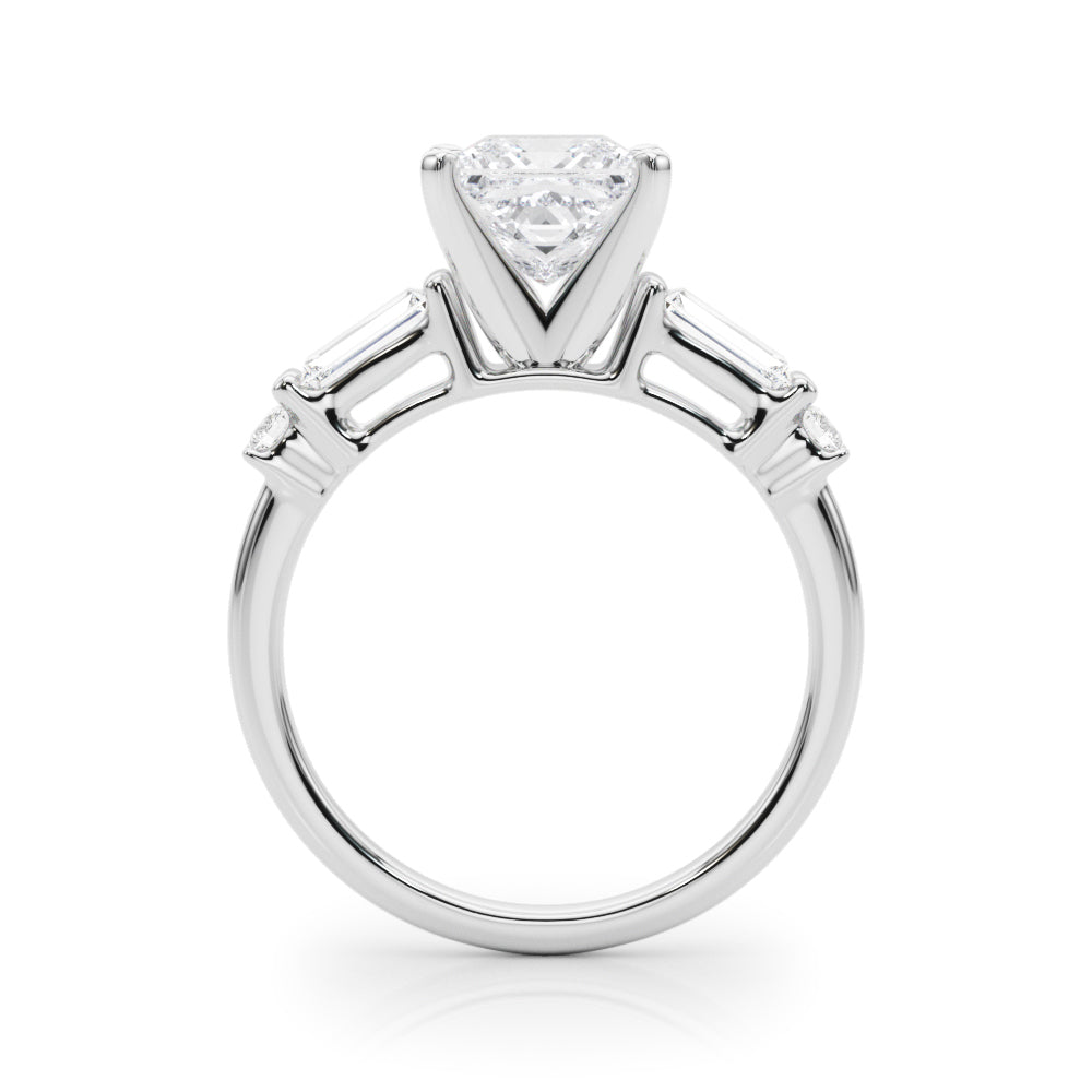 Platinum Princess Cut Diamond Ring with Baguette Side Stones, Channel Set Band, and Four-Prong Setting