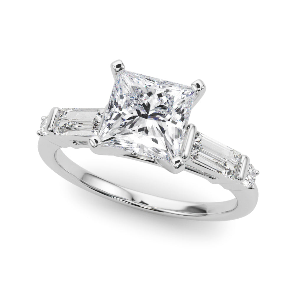 White gold Princess Cut Diamond Ring with Baguette Side Stones, Channel Set Band, and Four-Prong Setting
