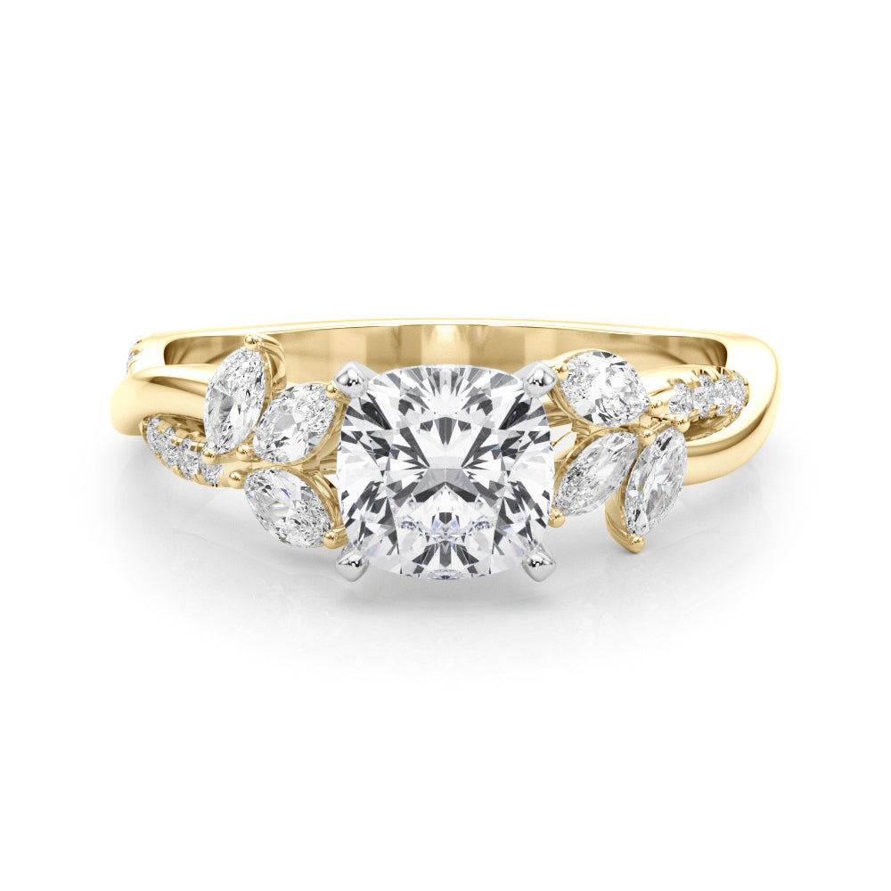 Yellow gold Cushion Diamond Floral Vine Solitaire Engagement Ring