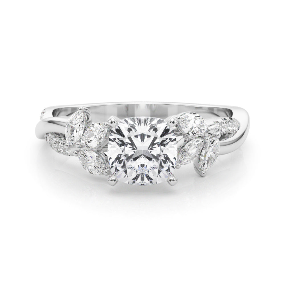 Platinum Cushion Diamond Floral Vine Solitaire Engagement Ring