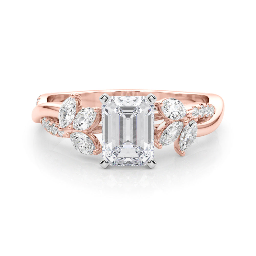 Rose gold Emerald Diamond Floral Vine Solitaire Engagement Ring