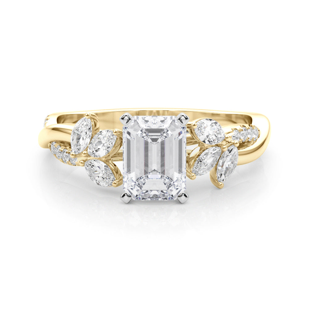 Yellow gold Emerald Diamond Floral Vine Solitaire Engagement Ring