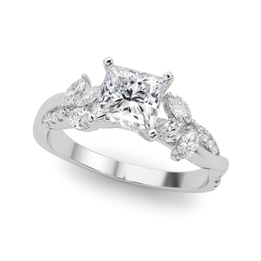 White gold Princess Diamond Floral Vine Solitaire Engagement Ring