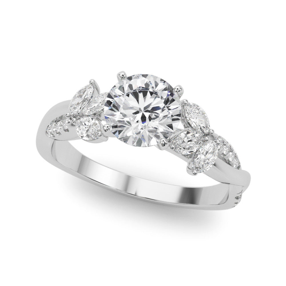 Platinum Round Diamond Floral Vine Solitaire Engagement Ring