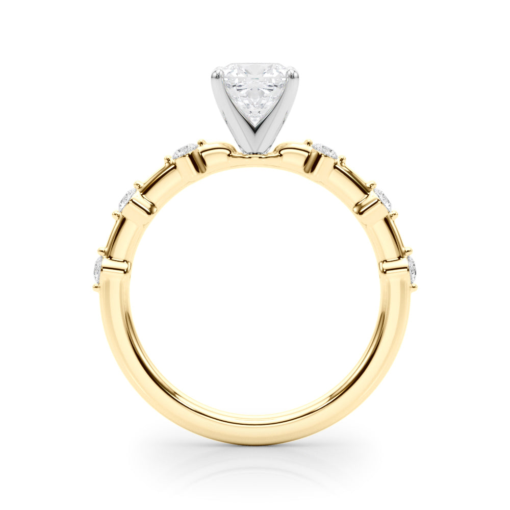 Yellow gold Cushion Solitaire Diamond Ring with Bezel Set Side Stones and Prong Setting