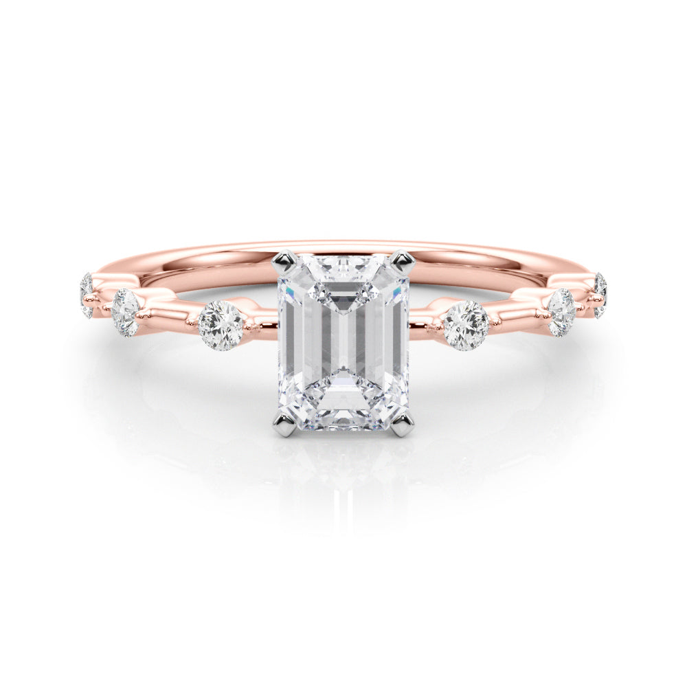 Rose gold Emerald Solitaire Diamond Ring with Bezel Set Side Stones and Prong Setting