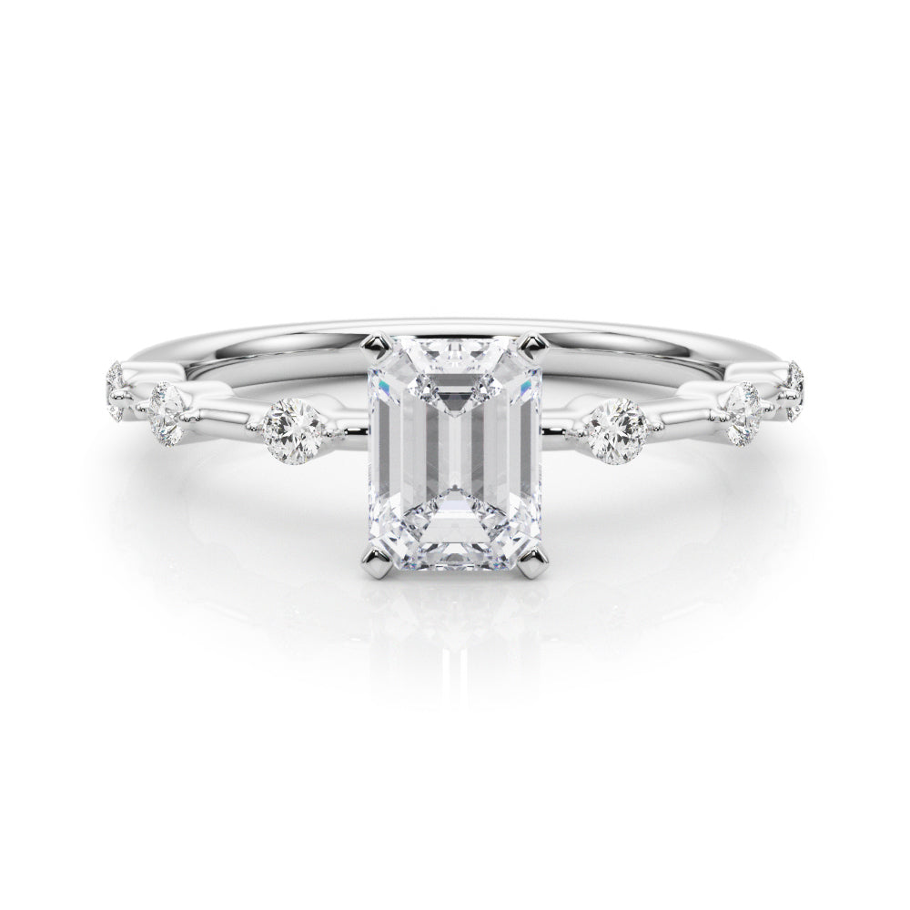 White gold Emerald Solitaire Diamond Ring with Bezel Set Side Stones and Prong Setting