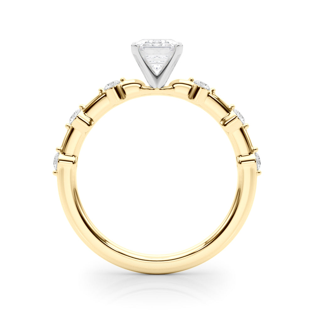 Yellow gold Emerald Solitaire Diamond Ring with Bezel Set Side Stones and Prong Setting