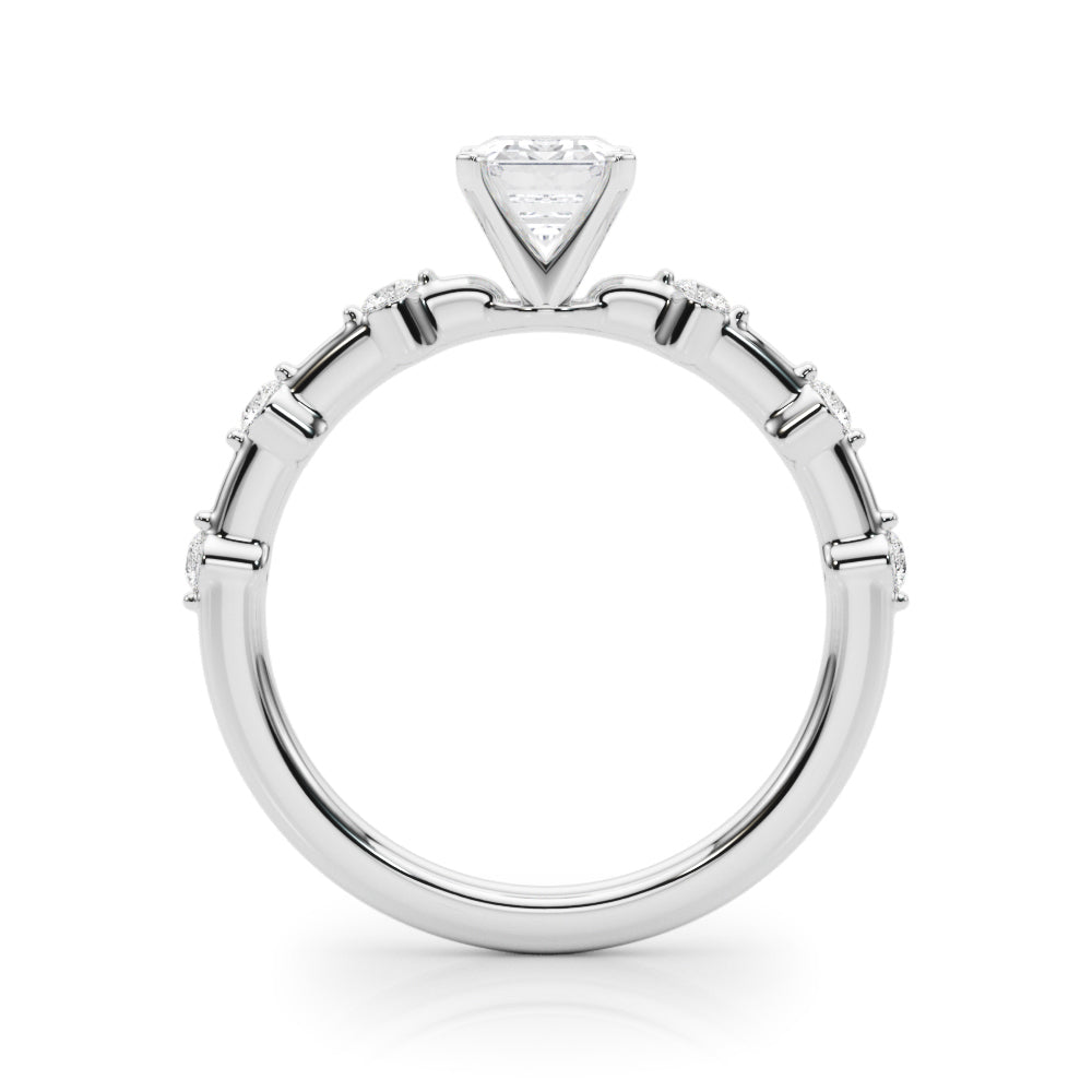 Silver Radiant Solitaire Diamond Ring with Bezel Set Side Stones and Prong Setting
