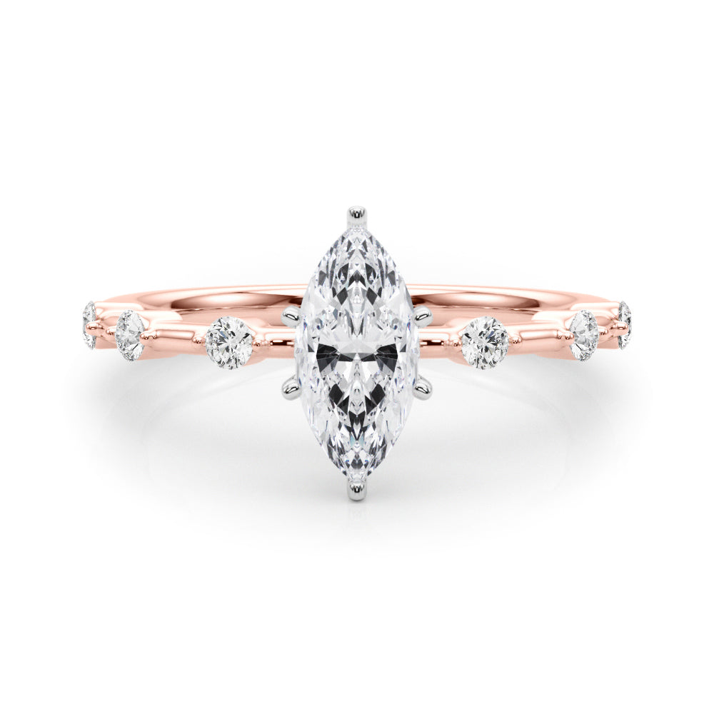 Rose gold Marquise Solitaire Diamond Ring with Bezel Set Side Stones and Prong Setting