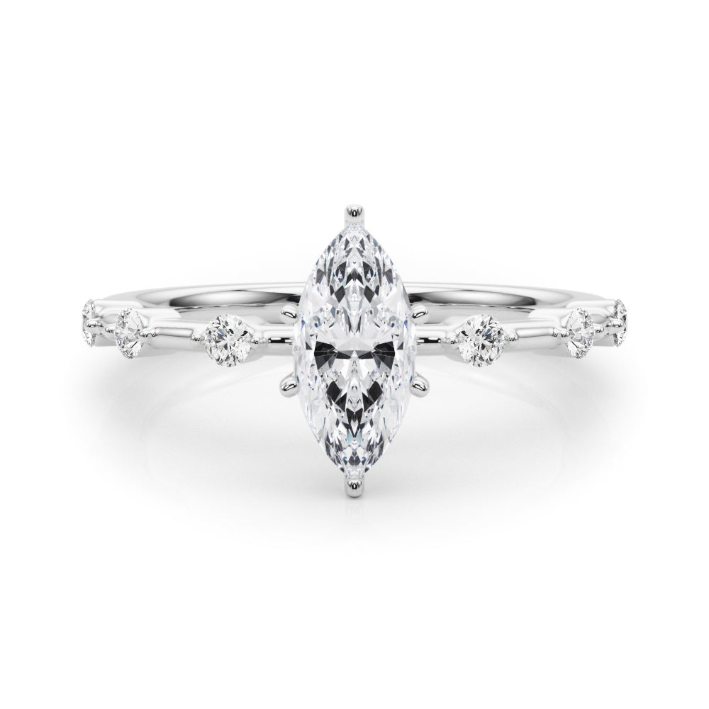 White gold Marquise Solitaire Diamond Ring with Bezel Set Side Stones and Prong Setting