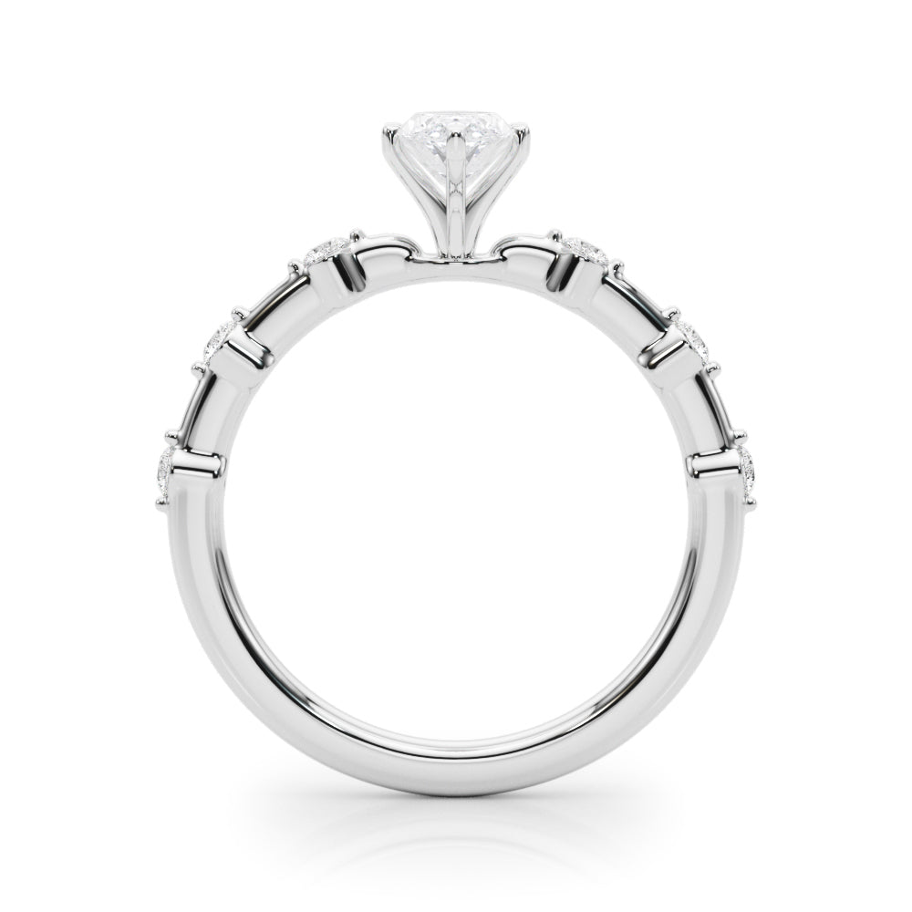 Silver Marquise Solitaire Diamond Ring with Bezel Set Side Stones and Prong Setting