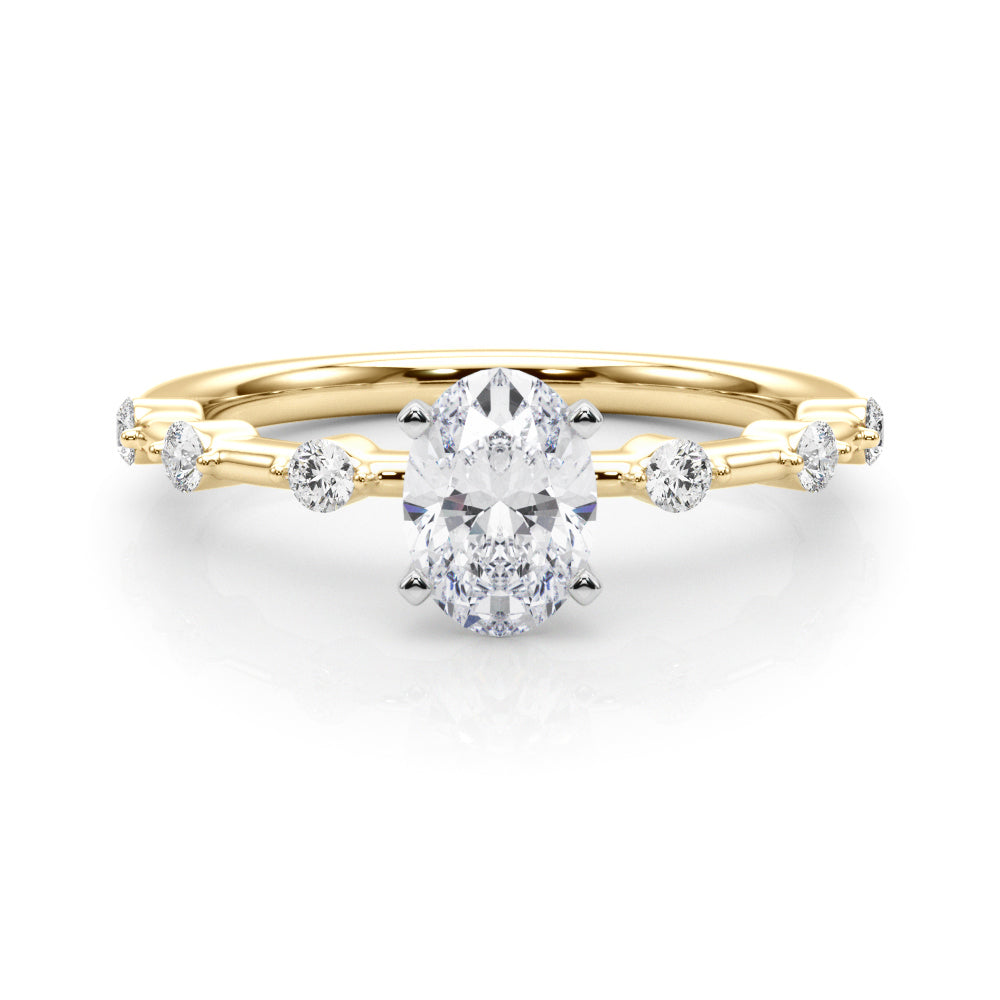 Yellow gold Oval Solitaire Diamond Ring with Bezel Set Side Stones and Prong Setting