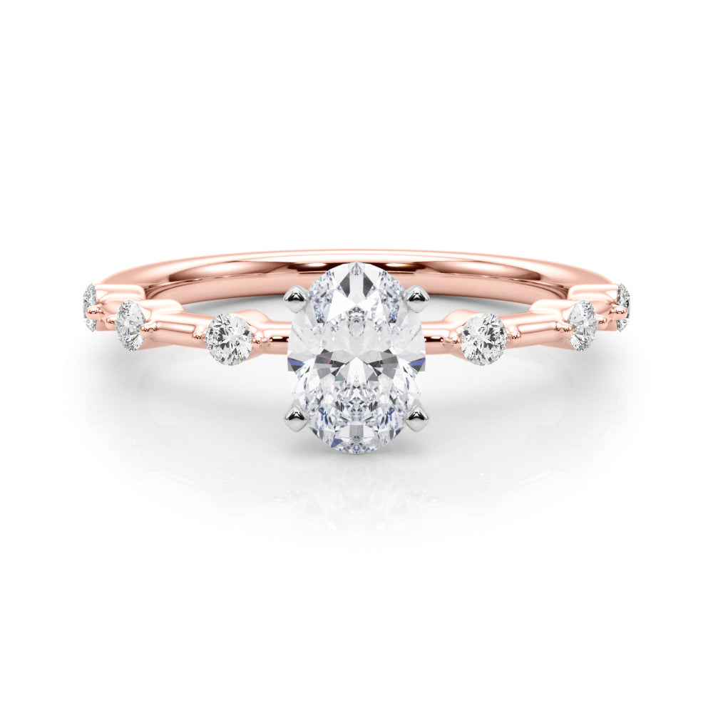 Rose gold Oval Solitaire Diamond Ring with Bezel Set Side Stones and Prong Setting