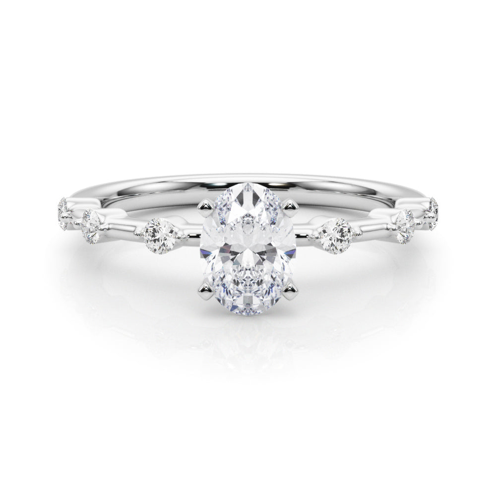Platinum Oval Solitaire Diamond Ring with Bezel Set Side Stones and Prong Setting