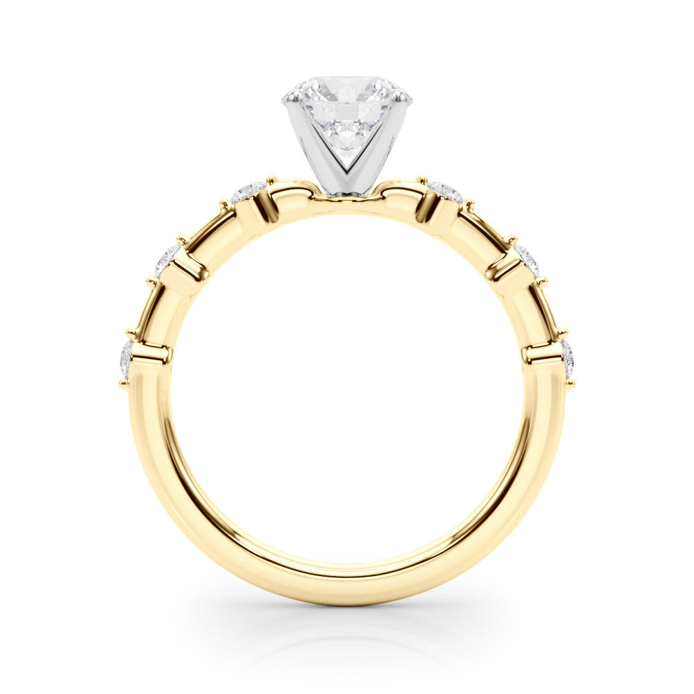 Yellow gold Round Solitaire Diamond Ring with Bezel Set Side Stones and Prong Setting