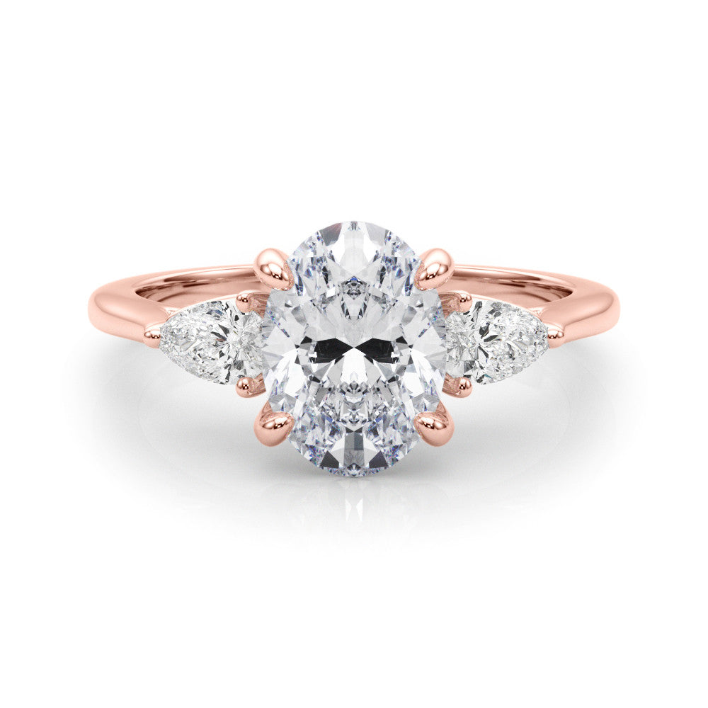 Rose gold Three-Stone Oval Diamond Solitaire Ring with Pear Side Stones and Four-Prong Setting