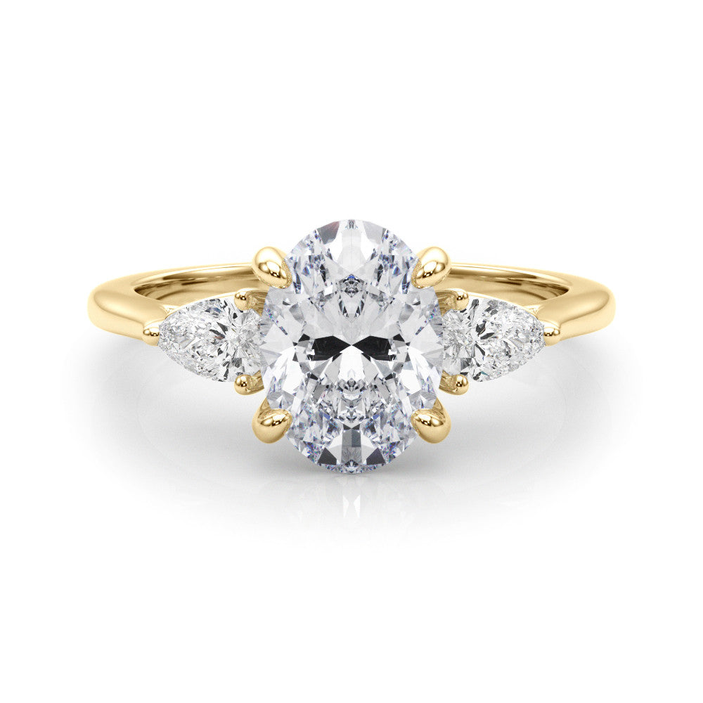 Yellow gold Three-Stone Oval Diamond Solitaire Ring with Pear Side Stones and Four-Prong Setting