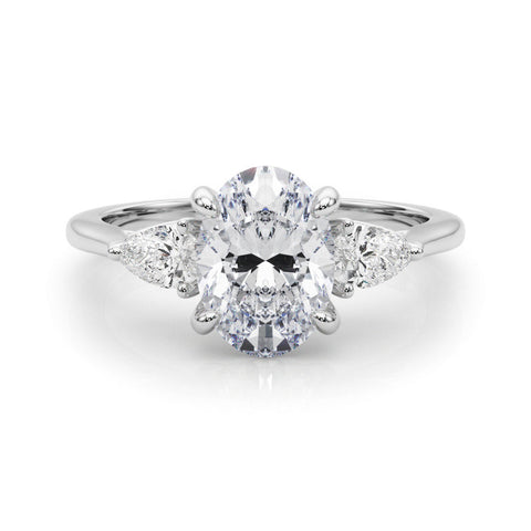 Silver Three-Stone Oval Diamond Solitaire Ring with Pear Side Stones and Four-Prong Setting