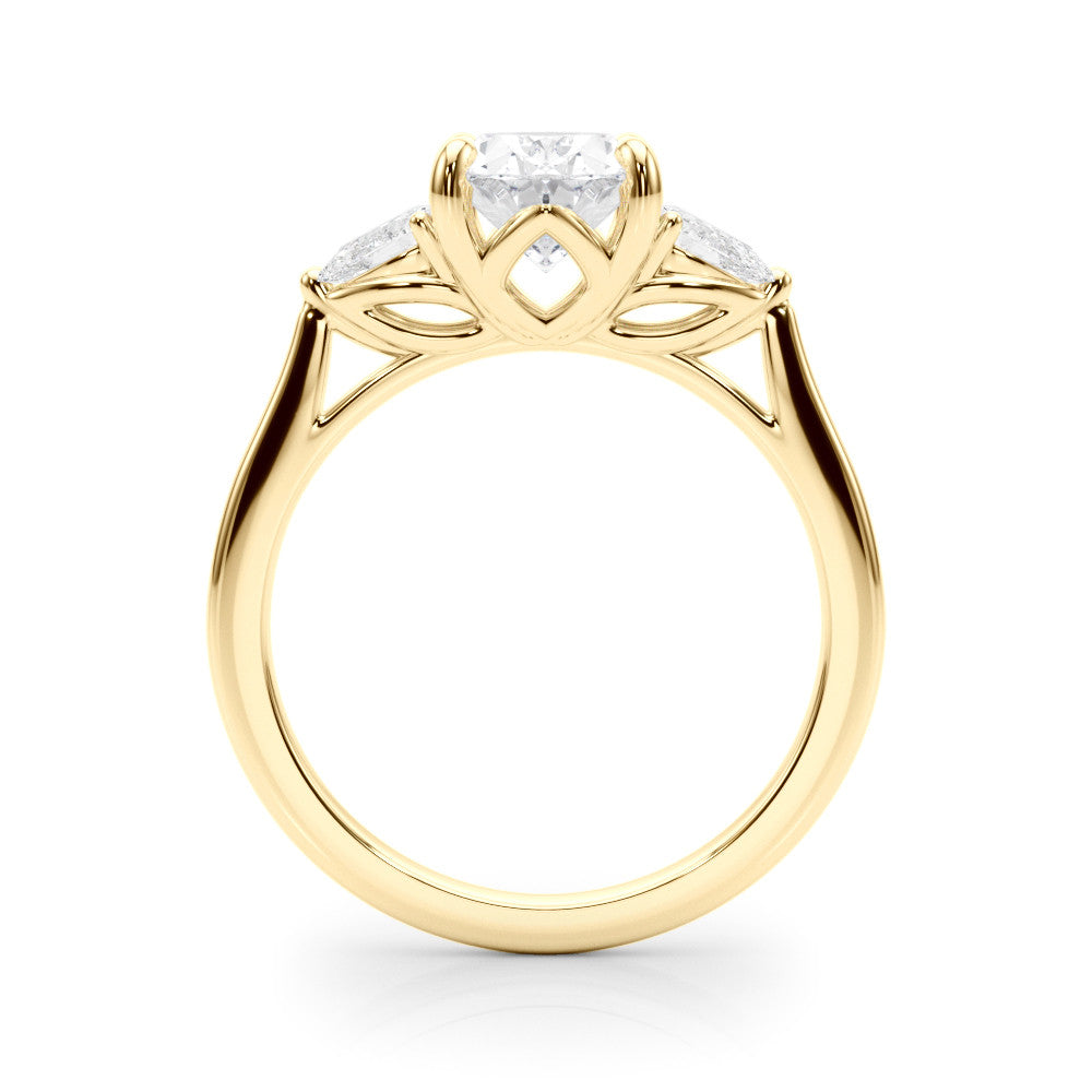 Yellow gold Three-Stone Oval Diamond Solitaire Ring with Pear Side Stones and Four-Prong Setting