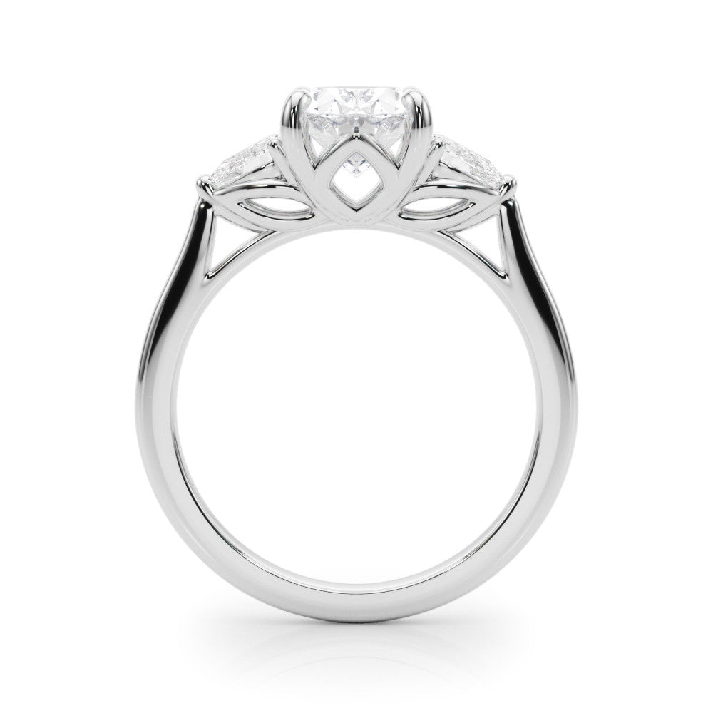 Platinum Three-Stone Oval Diamond Solitaire Ring with Pear Side Stones and Four-Prong Setting