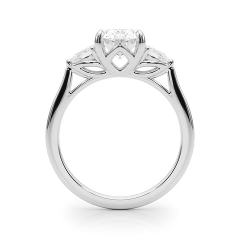 Silver Three-Stone Oval Diamond Solitaire Ring with Pear Side Stones and Four-Prong Setting