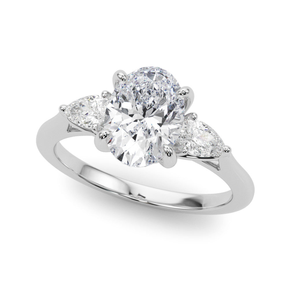 Silver Three-Stone Oval Diamond Solitaire Ring with Pear Side Stones and Four-Prong Setting