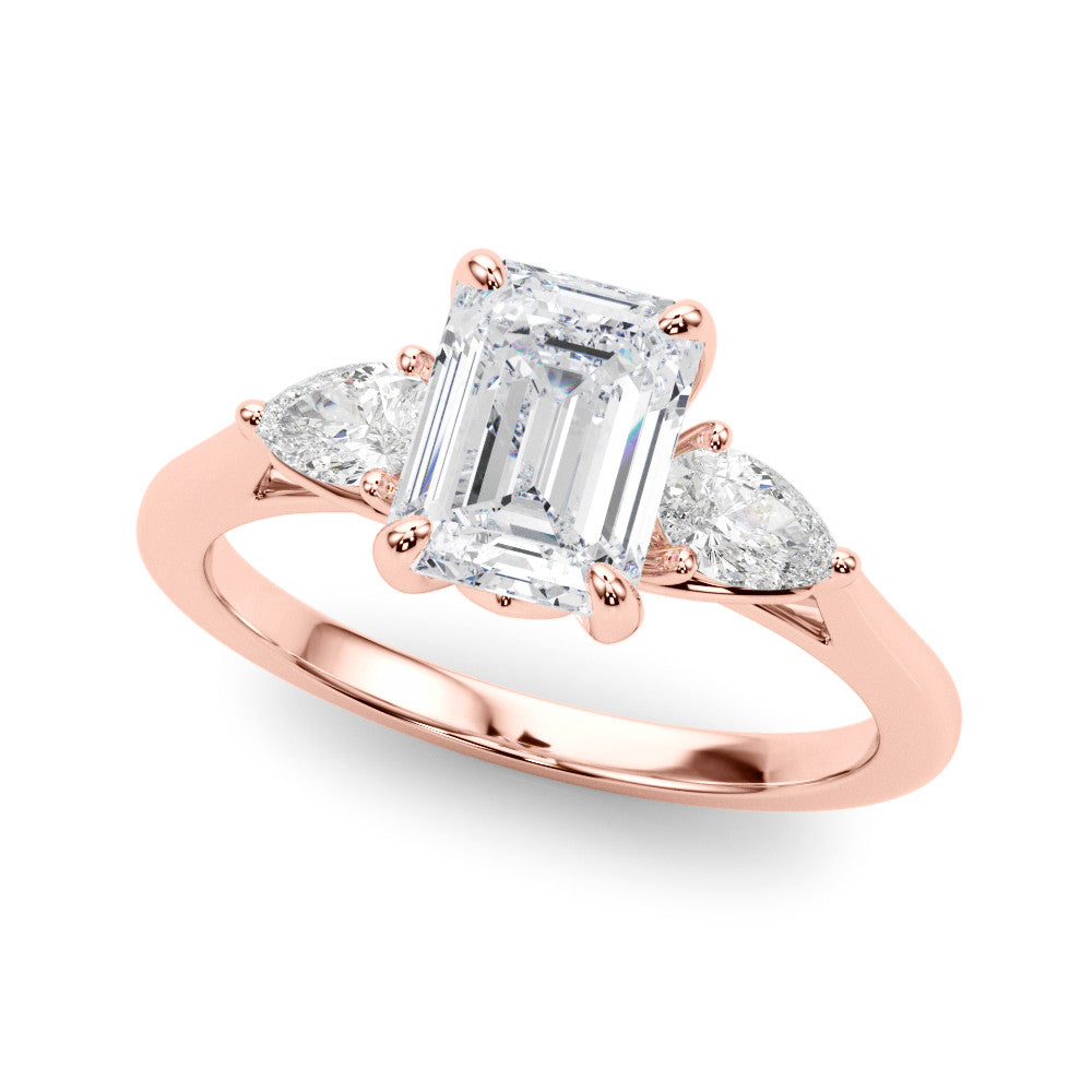 Rose gold Three-Stone Princess Cut Diamond Ring with Pear Side Stones on a Platinum Band and Four-Prong Setting