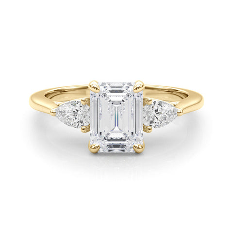 Yellow gold Three-Stone Radiant Cut Diamond Ring with Pear Side Stones on a Platinum Band and Four-Prong Setting